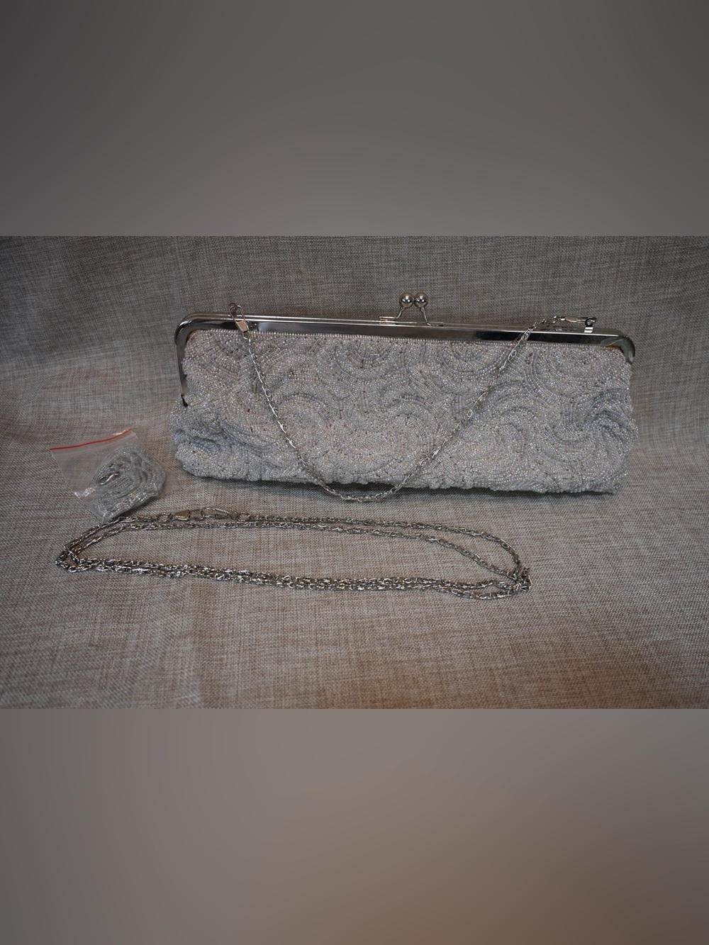 Vintage Silver Beaded Evening Clutch with Chain Strap